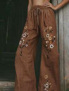 Balvessa Women's Drawstring Waist Floral Print Linen-Like Casual Pants - Coffee Brown - View 6