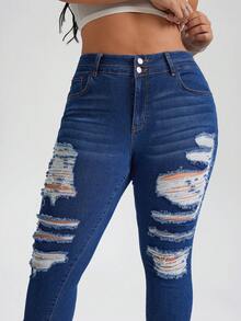 SHEIN PETITE CURVE Plus Size Women's High Waist Distressed Ripped Skinny Jeans, Stretch Denim Pants Casual Summer Streetwear Plus Size Casual Blue Distressed Frayed Skinny Jeans - Blue - View 6