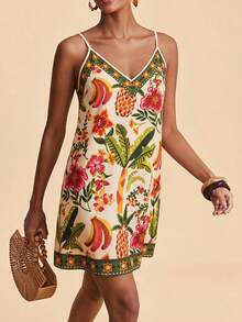 SHEIN TRVLCHIC Vestido corto de tirantes finos con estampado tejido para mujer, ideal para vacaciones de primavera/verano - Multicolor - Ver 4