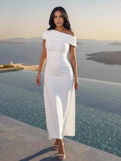 NOVVYNE Women's Mesh Asymmetric Ruched Hem Elegant French Style Dress