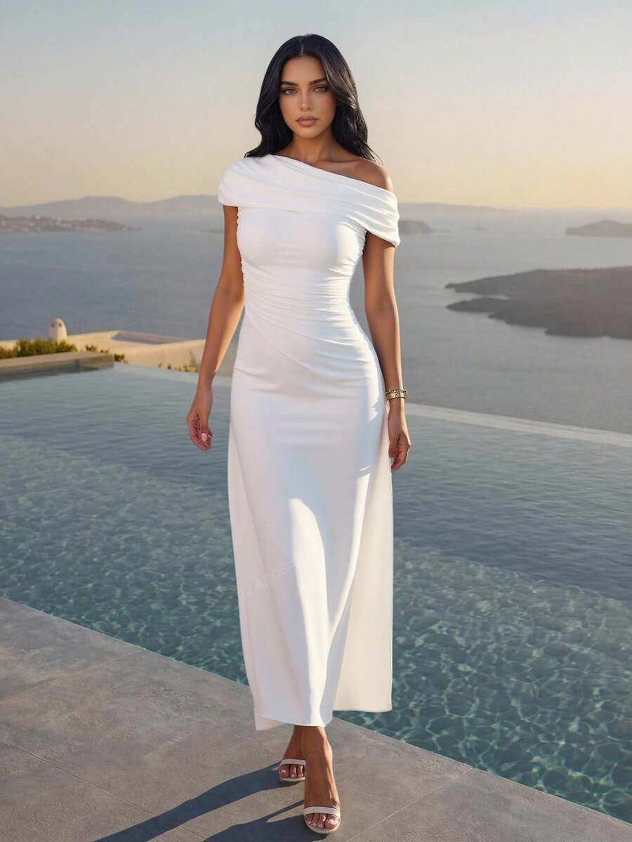 NOVVYNE 女式网眼不对称褶饰下摆优雅法式连衣裙 - 白色 - 查看 1