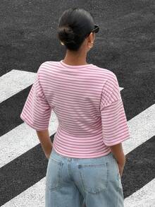 Muchica Áo thun dệt kim tay ngắn cổ tròn in sọc hồng, kiểu dáng thường ngày, dành cho nữ, thích hợp cho mùa hè. - Nhiều màu - Xem 2