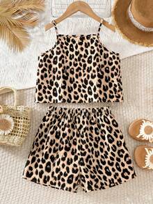 2pcs/Set Tween Girls Leopard Print Camisole + Shorts Set, Chic Casual Outfit For Daily Wear, School, Birthday Party, Picnic, Children's Day, Suitable For Spring, Summer, Autumn - Multicolor - View 2