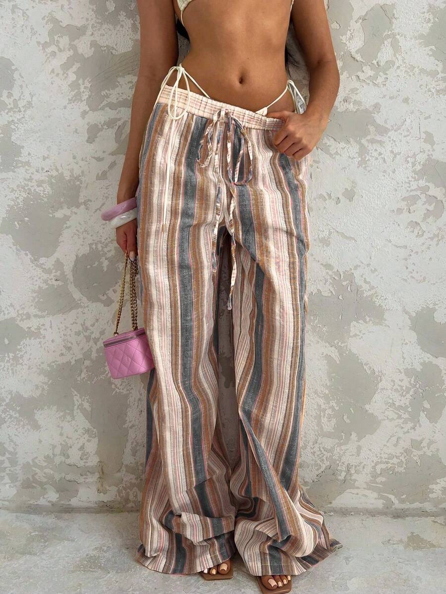 Glamine 女士条纹亚麻阔腿裤，休闲沙滩度假乡村长裤，优雅自然，夏季 - 彩色 - 查看 1