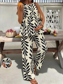Bộ đồ bầu nghỉ mát in hình cây cỏ, cổ tròn, gồm áo tank top và quần dài, 2 món. - Nhiều màu - Xem 5