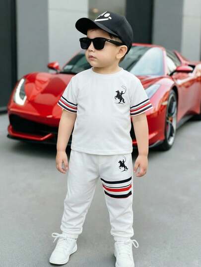 Bubblio 2pcs/Set Young Boys' Casual Comfortable Versatile Contrast Color Block Round Neck Short Sleeve Top And Jogger Pants Set, Suitable For Spring And Summer