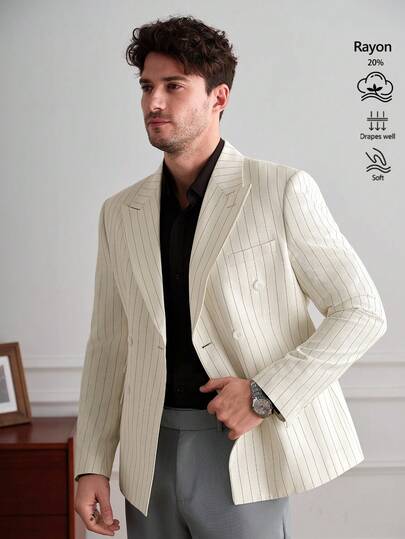 Core Aspect Chaqueta casual/de negocios de manga larga con cuello Mao a rayas para hombre