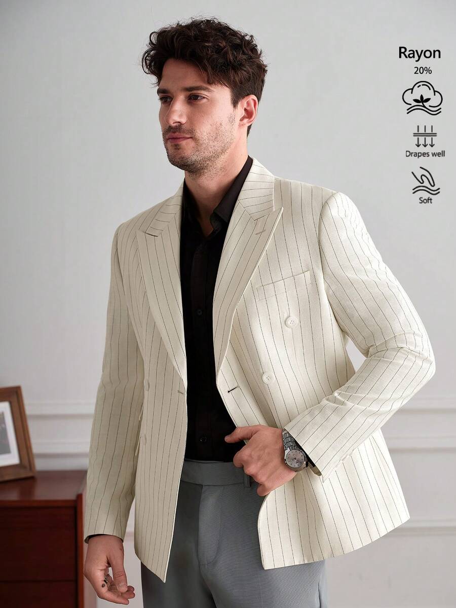 Core Aspect Chaqueta casual/de negocios de manga larga con cuello Mao a rayas para hombre
