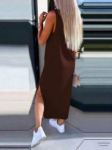 INAWLY Solva 夏季休闲纯色侧开衩无袖连衣裙 - 咖啡棕 - 查看 4