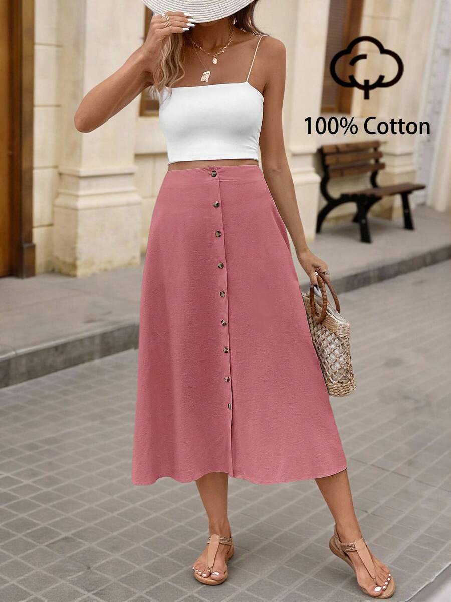 Brillora Rok Midi Kasual Wanita Warna Polos Kancing Tunggal untuk Liburan - Redwood - View 1