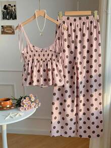 SHEIN EZwear 两件套休闲简约夏季多巴胺波点吊带背心和长裤套装，适合夏季、度假季，波点印花，杜卡迪波点，粉棕色波点。适合度假、旅行、派对、音乐节、返校季、毕业季。 - 彩色 - 查看 2
