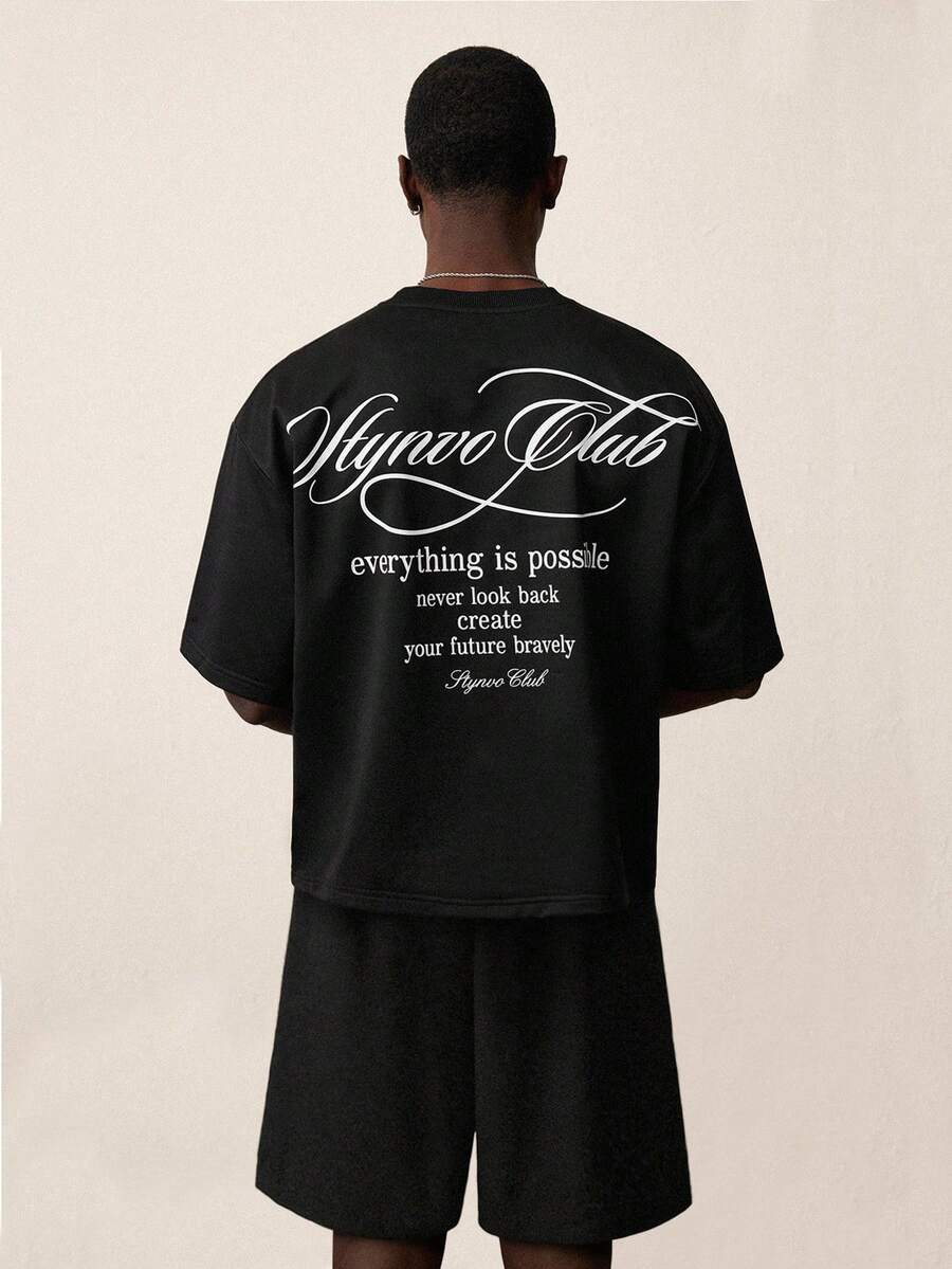 STYNVO Men's Letter Print Round Neck Short Sleeve T-Shirt And Shorts Set - Black - View 1