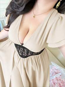 Vibekara Nuevo vestido de verano elegante con parches de encaje negro y cintura ceñida que reduce la edad - Albaricoque - Ver 4