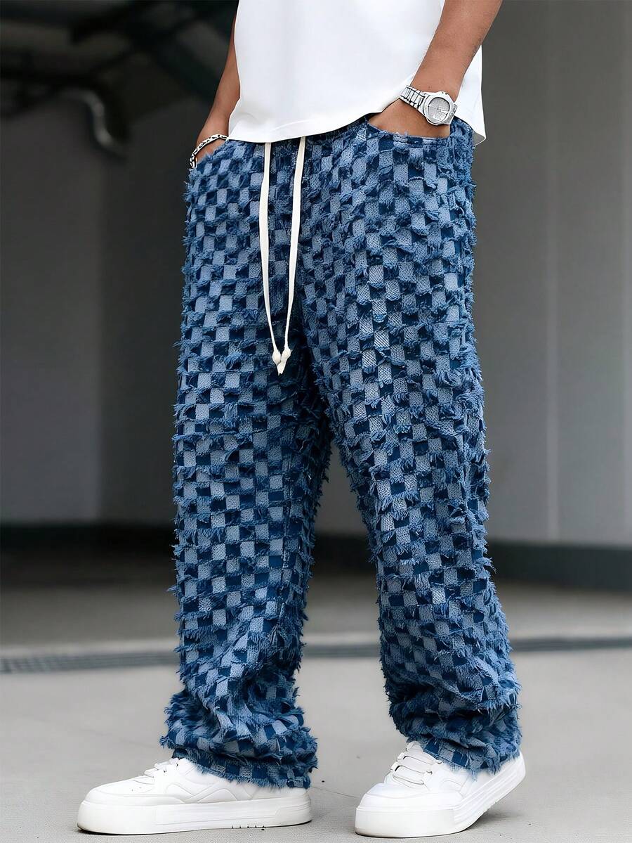 Manfinity EMRG Jeans vaqueros de pierna ancha con flecos y estampado a cuadros americano para hombres - Azul - Ver 1