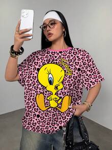 LOONEY TUNES X SHEIN 大码女式圆领豹纹字母卡通图案休闲百搭日常短袖T恤 - 白色 - 查看 3