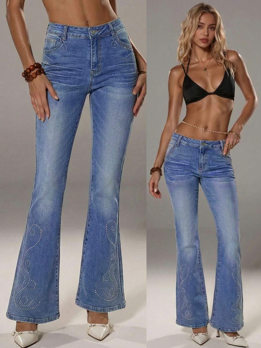 TRNVIE Women's Rhinestone Embellished Low Waist Flare Leg Jeans, Fashionable - Light Wash - View 1
