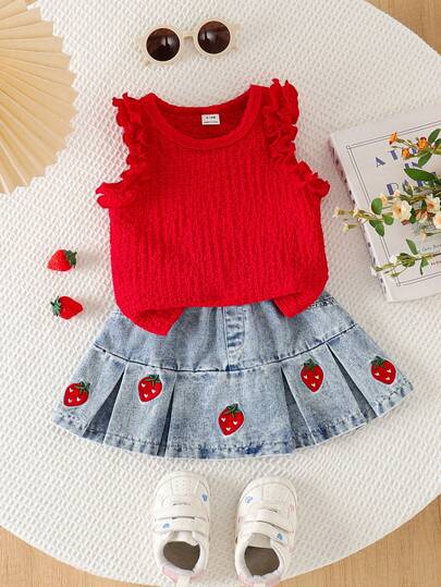 SHEIN 两件套女婴荷叶边无袖纯色上衣+草莓刺绣牛仔裙套装，可爱甜美夏季亲子装