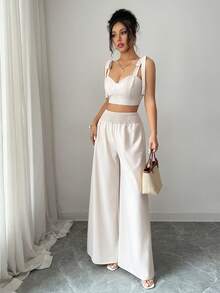 SHEIN Elenzya Conjunto de 2 piezas de top corto y pantalones de pierna ancha elegante para vacaciones de verano para mujer - Albaricoque - Ver 6