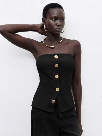 Maija 女士金属色块纽扣前开衩下摆无肩带上衣，黑色，适合圣帕特里克节、复活节派对、海滩、夏季度假、海滩旅行、夏季外出、毕业典礼等场合。