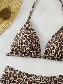 SHEIN Teen Girl Leopard Print Spaghetti Strap Crop Top And Bottom Bikini Swimsuit Set, Summer Holiday - Apricot - View 4