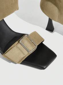 Daringsoles Botas hermosas de tacón alto delgado, de punta cuadrada, con hebilla y diseño de apertura en los dedos, para uso exterior en primavera y otoño, en color caqui y marrón - Caqui - Ver 5