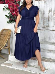 SHEIN Privé Đầm dài dáng chữ A tay ngắn, cổ chữ V, phối ren, cỡ lớn, thanh lịch. - Màu xanh hải quân - Xem 3