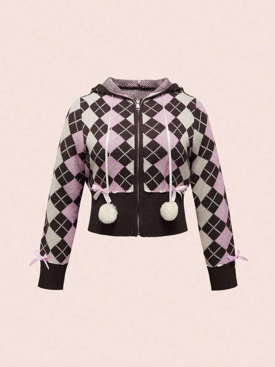 ROMWE Kawaii Áo len cardigan họa tiết kim cương cạp thấp phong cách thường ngày Himekaji Millennium dành cho phụ nữ ngoại cỡ - màu nâu - Xem 1