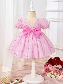 SHEIN Đầm ngắn tay kẻ sọc dễ thương, thanh lịch cho bé gái, thích hợp cho mùa hè. - Nhiều màu - Xem 6