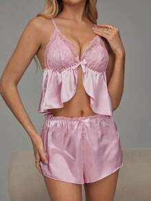 HautHeat Conjunto de pijama de mujer de unicolor con parches de encaje - Rosa - Ver 3