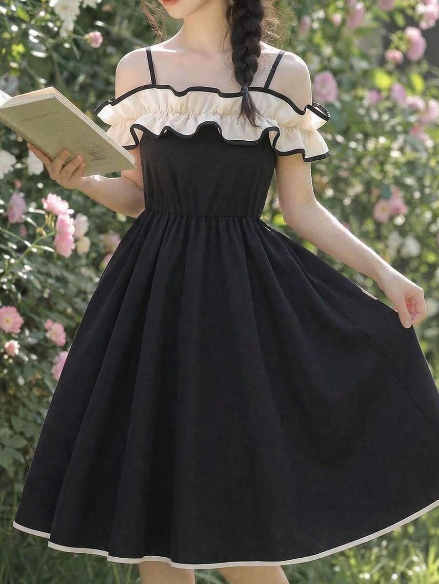 ChillGRL Elegant Ruffled Off-Shoulder Black Slip Dress, Suitable For Outdoor Activities And Casual Daily Wear, Summer Dress - Black - View 1