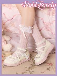 Dola Lovely Women Shoes Beige Round Toe Wedge Heel Thick Bottom Mary Jane Sweet Cute Rabbit Ears Decoration, Lolita Wear JK Wear, Birthday Party Wear - Beige bow - View 3