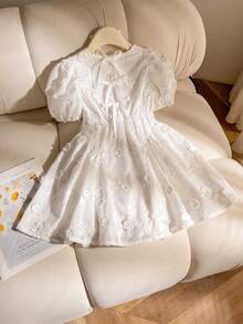 Young Girls Textured Fabric Short Sleeve Puff Sleeve Cinched Waist Princess Dress With Bow Design - Apricot - View 3