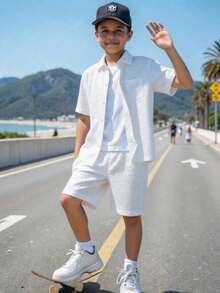 青少年新款夏季度假风休闲衬衫短裤套装，时尚百搭简约两件套 - 白色 - 查看 7