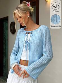 MainGRL Light Blue Traceable Cotton Tie Front Cardigan, Long Sleeve Sheer Textured Top, Spring Break Easter Vacation Boho Outfit For Women - Blue - View 7