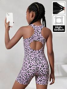SHEIN Bộ áo liền quần thể thao năng động, họa tiết da báo, cổ chữ U, lưng khoét, dành cho bé gái tuổi teen, thích hợp cho mùa xuân/hè. - Màu tím - Xem 1