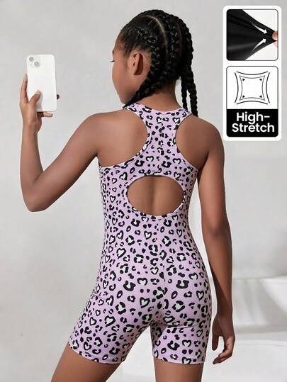 SHEIN Bộ áo liền quần thể thao năng động, họa tiết da báo, cổ chữ U, lưng khoét, dành cho bé gái tuổi teen, thích hợp cho mùa xuân/hè.