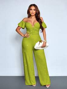 SOLERSUN Bộ jumpsuit thời trang thanh lịch dành cho nữ, cổ chữ V, trễ vai, tay bồng, chất liệu lấp lánh, thích hợp cho tiệc tùng, hộp đêm, câu lạc bộ đêm, ống rộng, dáng ôm sát, hẹn hò. - màu xanh lá - Xem 4