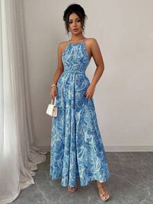 Elenzga Women's Sleeveless Halter Neck Waist Cinched Flared Printed Dress - Blue - View 3