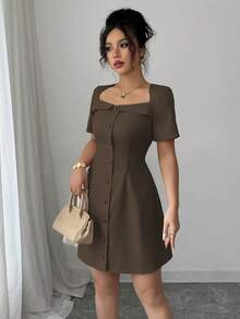 Elenzga Women's Elegant Trapezoid Collar Ruffle Buttoned Waist A-Line Short Sleeve Mini Dress, Suitable For Work, Spring/Summer - Brown - View 7