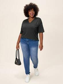 SHEIN LUNE 绿色加大码夏季女式V领口袋T恤纯棉 - 深灰色 - 查看 4