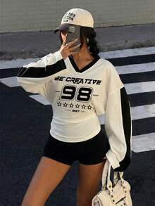 SHEIN EZwear 女士V领T恤，黑白印花针织面料，春夏图案长袖T恤，女士上衣，学院风上衣，白色长袖上衣，赛车服饰，女士运动服，长袖上衣，健身女士长袖上衣，女士运动套装，女士健身上衣 - 黑與白 - 查看 3