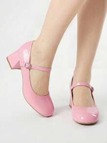 ROMWE Kawaii New Shiny Patent Leather Thick Heel Round Toe Pink High Heels For Women. Fashionable Instep Strap Buckle Mary Jane Shoes, Comfortable For Indoor Outdoor Party Evening Banquet High Heel Pumps, Pink High Heels - Dusty Pink - View 6