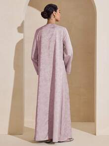 Graceveil Jacquard Fabric V-Neck Silver Ribbon Decor Loose Long Sleeve Elegant Luxurious Dress - Mauve Purple - View 2