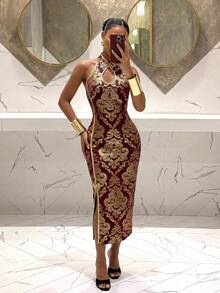 DAZY Summer Women's Elegant Floral Colorblock Mandarin Collar Sleeveless Split Midi Dress, Oriental Aesthetic - Red - View 5