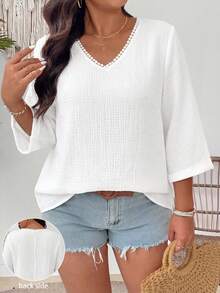 EMERY ROSE Camisa de lino con textura casual de cuello en V y estampado floral para tallas grandes - Blanco - Ver 3