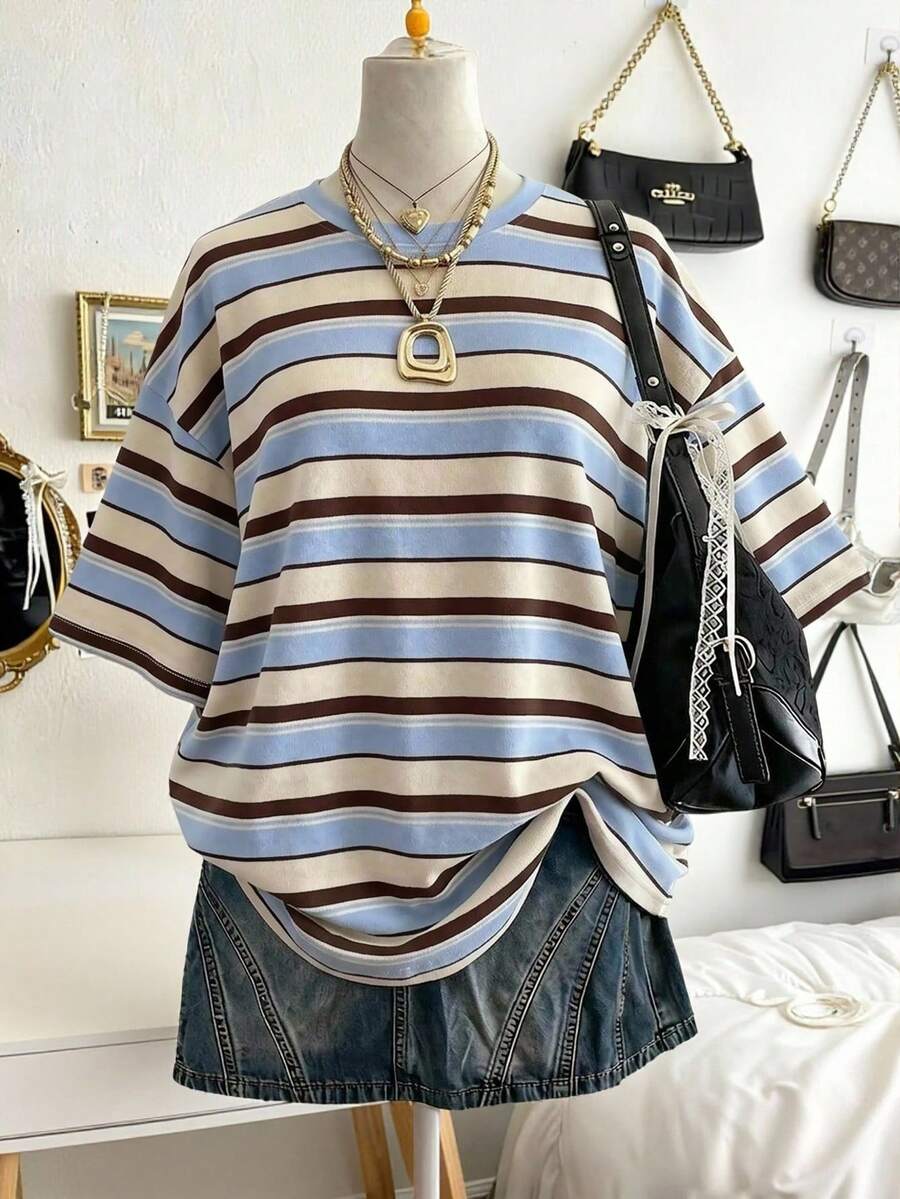 EMERY ROSE 大码女式图案数码条纹印花时尚简约圆领女式T恤 - 彩色 - 查看 1