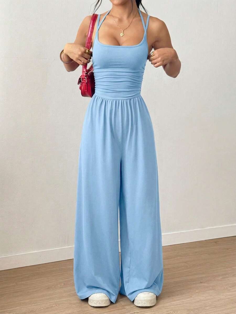 SHEIN Tall 女款休閒百褶寬鬆直筒連身褲,春夏淺藍色最新女裝,適合高個子女性 - 淺藍色 - 查看 1