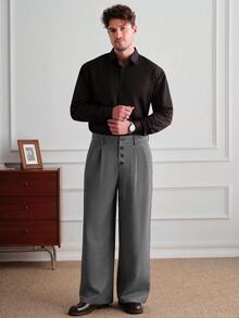 Core Aspect Mens Grey Wide Leg Pleated Pants,Casual Loose Fit Button Fly Trousers Vintage European American Style For Autumn Office,Stylish Gray Mens Trouser - Grey - View 8
