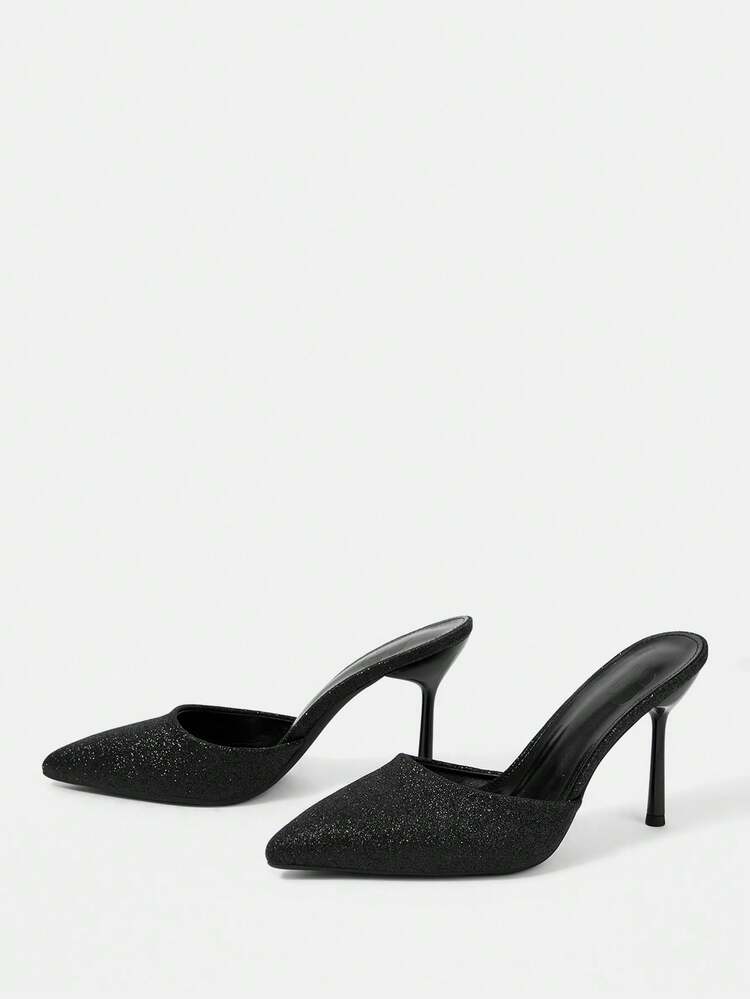 CUCCOO HITCHD Black Glitter Pointed Toe Stiletto High Heel Sandals, Sexy Night Style / Luxury Banquet Style, Suitable For Mature Women Or Formal Occasion Wear, Matching Formal Dinner, Annual Party, Date Night And Other Elegant Social Scenes, Also Can Be Paired With Commuter Outfits To Create A Chic Office Lady Look.