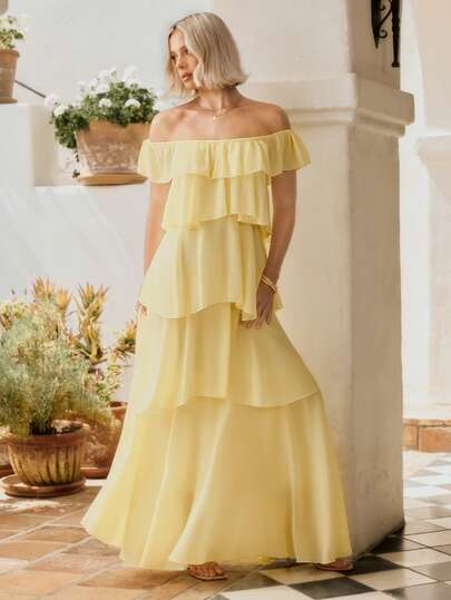 L'Amorae Đầm nữ màu trơn, xếp ly, trễ vai, thanh lịch